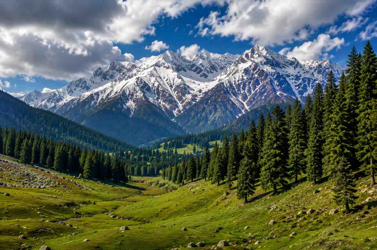 Snow-capped mountains and pine valley in Kashmir for Srinagar short getaway package