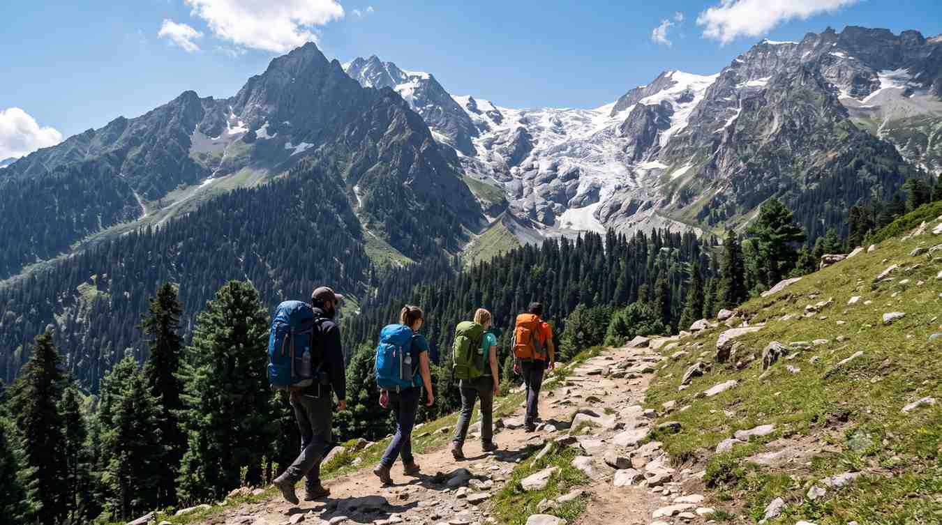 Trekkers hiking near a glacier for Leh Ladakh Expedition package